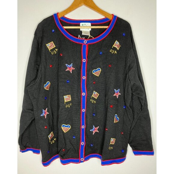 The Quacker Factory USA Patriotic Womens 2XL Black Button Cardigan Sweater Beads - Picture 1 of 11